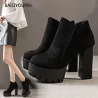 Новые женские зимние ботинки, ботинки; Женская обувь на низком каблуке; Однотонная Черная женская обувь зимние ботинки Мартин; Теплые облегающие высокие сапоги на платформе в сдержанном стиле Вечерние лодочки на высоком каблуке (12 см) для клуба женские туфли