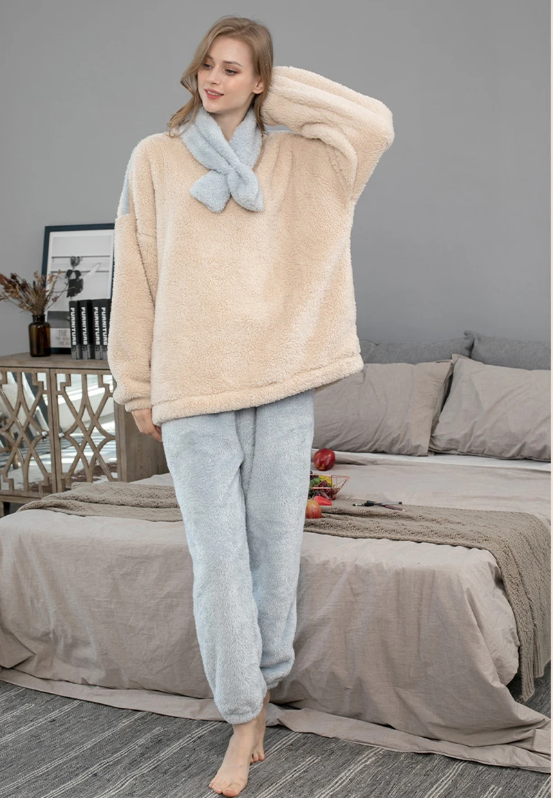 Elastic Waist Thicken Autumn And Winter Keep Warm Nightgown Comfortable Soft Sleepwear Suit Pink Blue