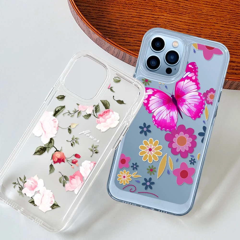 

Clear Butterfly Phone Case for iPhone 14 13 12 11 Pro Max Mini XS XR X Retro Flower Shell Back Cover for iPhone14ProMax Fundas