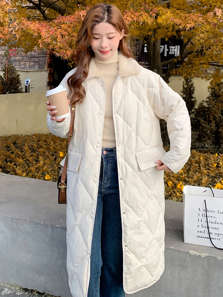 

LANMREM Korean Style Mid Length Cotton Coat Women Lapel Pockets Diamond Pattern Clothing Fashion 2023 Winter New 2AA2348
