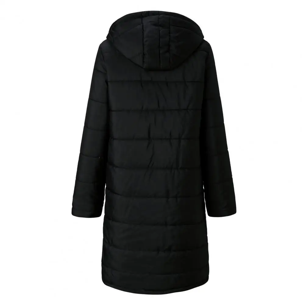 New in Women Coat Long Sleeve Pockets Buttons Zipper Placket Thickened Striped Quilted Winter Hooded Mid-length Down Jacket