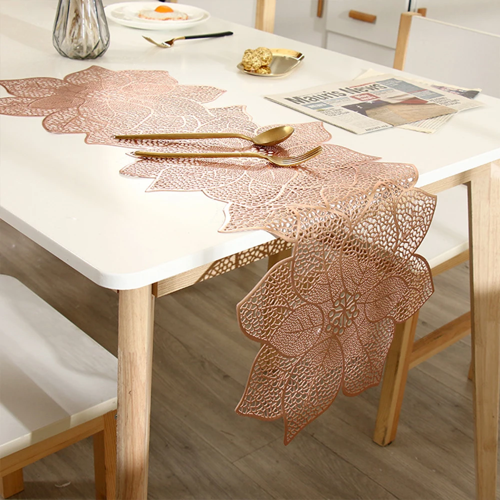 

Solid Color Bronzing Table Runner PVC Bauhinia Washable Thick Heat Insulation Non-slip Table Runner Hollowed Table Mats Decor