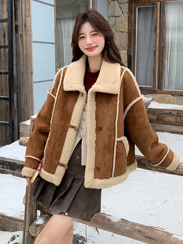 Корейская серия верхняя одежда из меха в стиле ретро женская овечьей шерсти