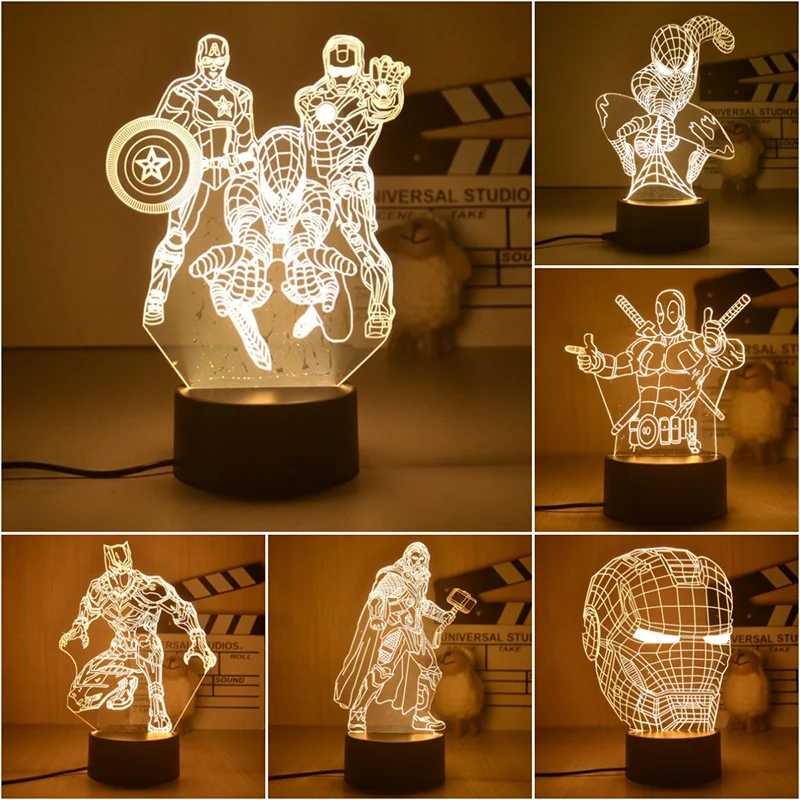 

Disney Marvel The Avengers 3D Night Lights Spiderman Ironman Deadpool Thor Hulk Action Figures LED Lamp Decor Gifts