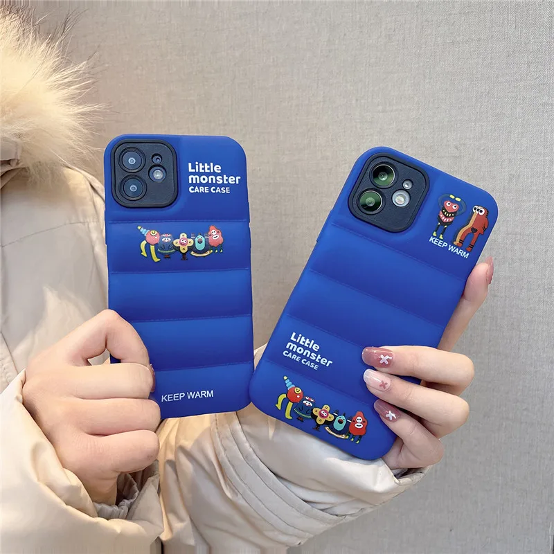 

Cute Little Monster Down Jacket The Puffer Case for iPhone 13 12 11 Pro Max X XS XR 7 8 Plus Air Cushion Shockproof Soft Cover