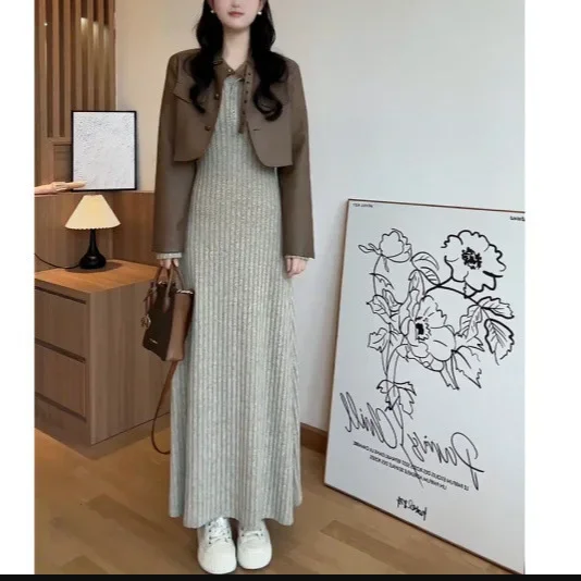 Осенний вязаный свитер во французском стиле для похудения платье с длинными
