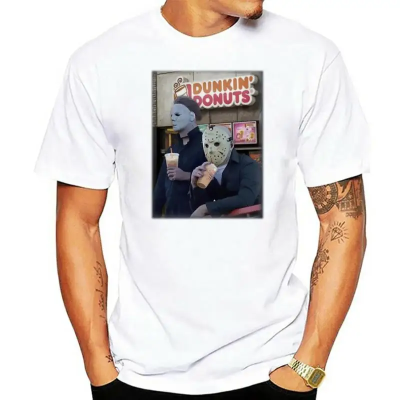 Michael Myers And Jason Voorhees Drink Dunkin Donuts T-Shirt Black Men-Women Tee Tshirt Shirt