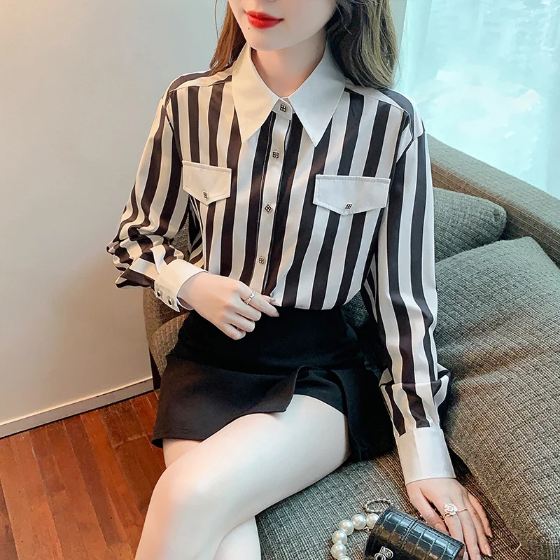 

Блузка женская из поплина, модный топ на пуговицах, Повседневная рубашка-поло с длинным рукавом, летняя полосатая Женская одежда, Houthion