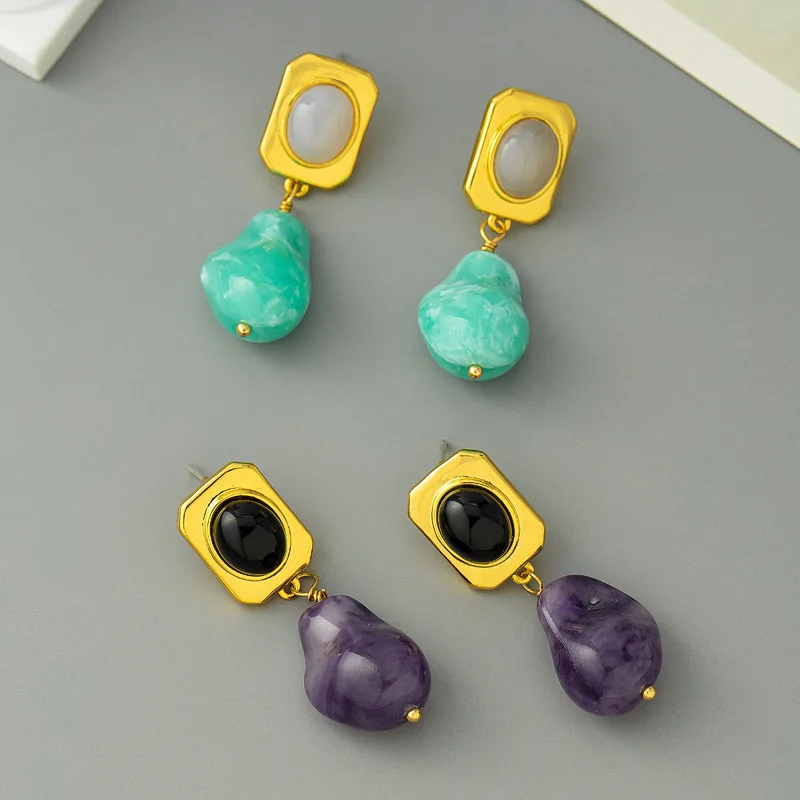 Новые серьги-подвески из натурального камня зеленая Серебряная игла