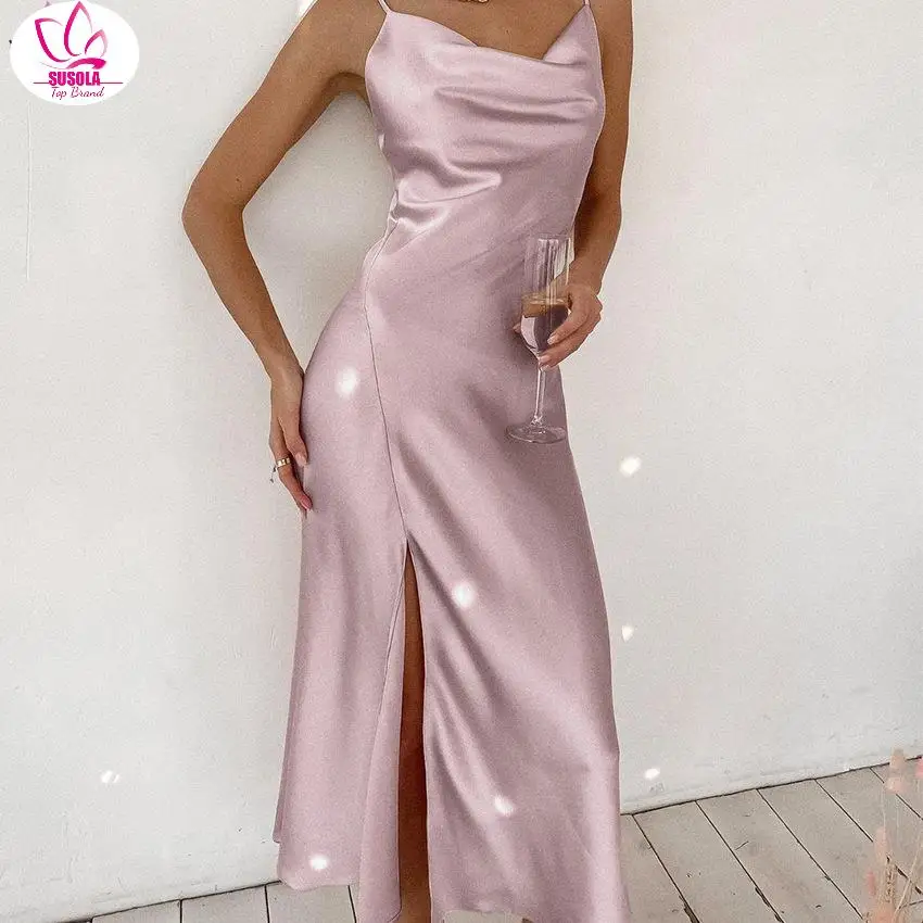 

Dresses Women Solid Color Smooth Satin Sling Irregular Collar Slit Long Dress Fashion Sexy Charming 2022 New Summer