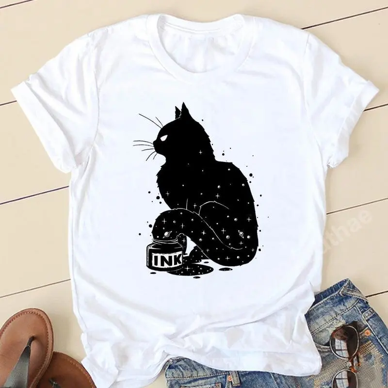 

Watercolor Cat T-Shirt Short Sleeve Ladies Women Tshirt Fashion Casual Summer 90s Trend Clothes Female Tee Graphic T Shirts