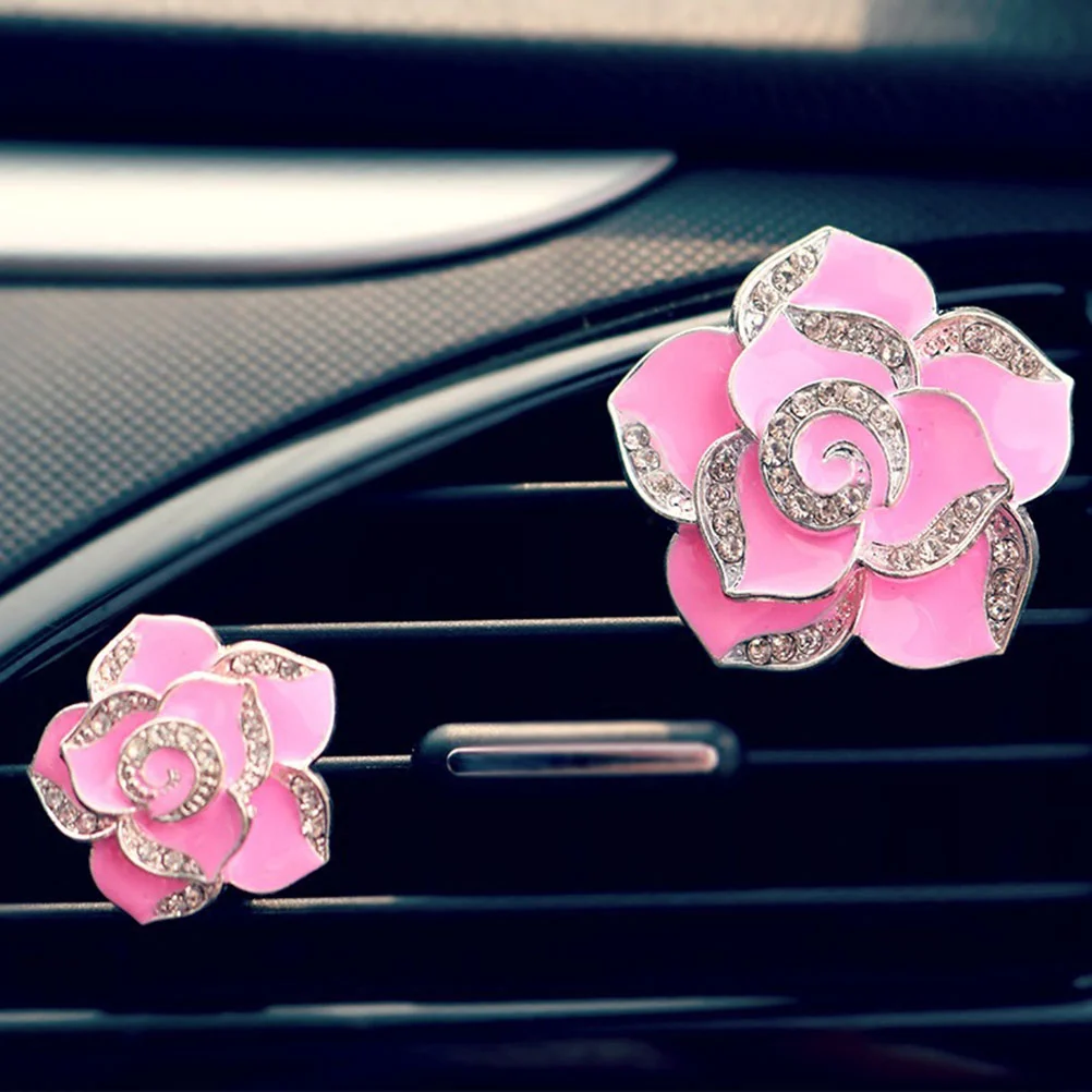 

One Pair Car Air Vent Decorations Camellia Rhinestone Encrusted Fragrance Air Freshener Holders Auto Car Interior Decoration