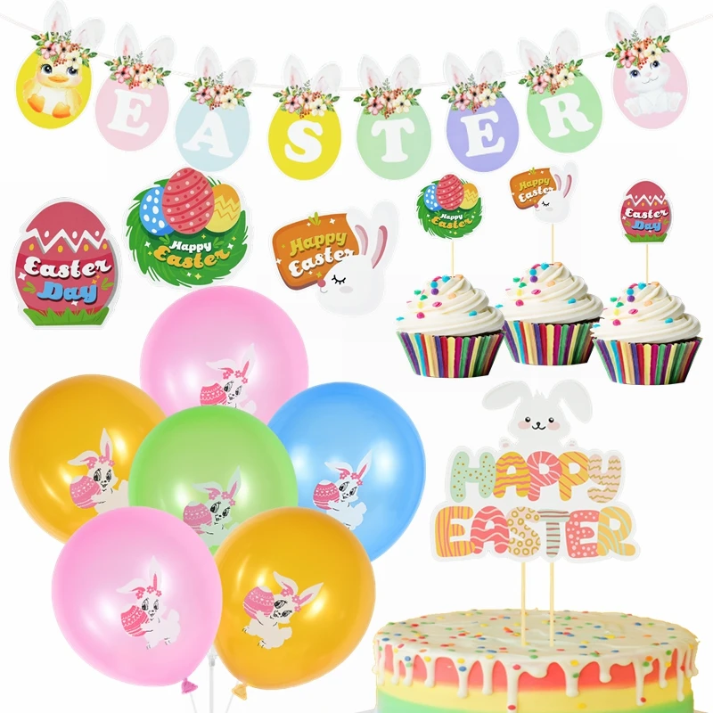 

Happy Easter Party Decoration Cute Rabbit Bunny Eggs Balloon Banner for Spring Theme Easter Party DIY Decor Supplies Kids Favor