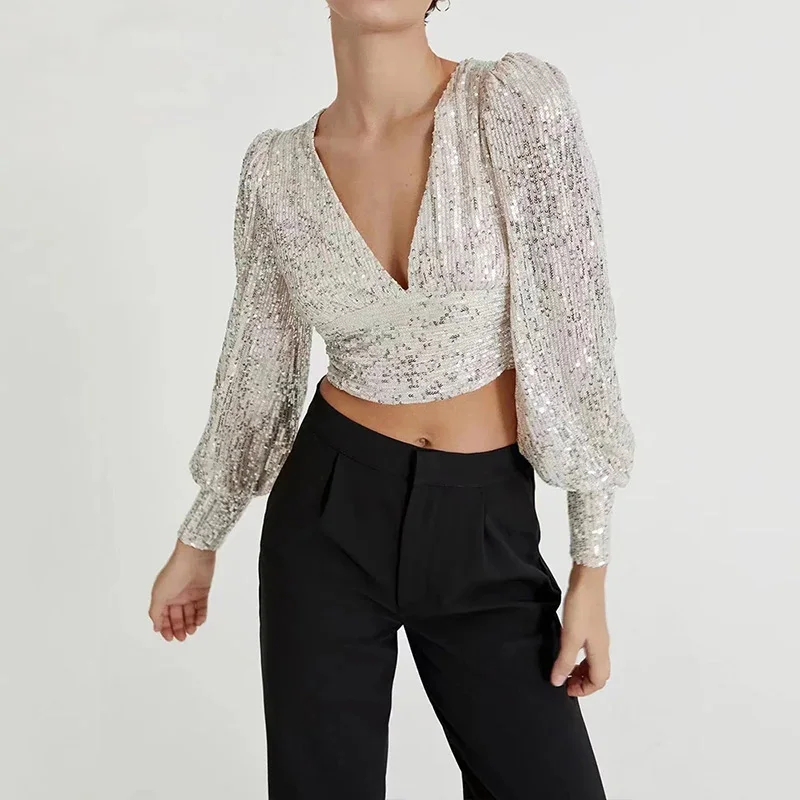 

Женские Элегантные укороченные топы, блузка с блестками, рубашка с длинным рукавом и V-образным вырезом, Короткие футболки для посещения мер...