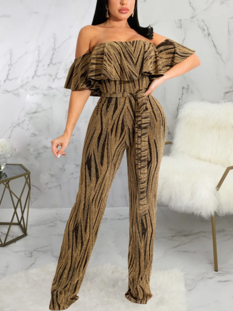 Sexy Bodycon Party Jumpsuits 2023 Bronzing Glitter Slim Fit Romper Women Off Shoulder Straight Short Sleeve Long evening Overall