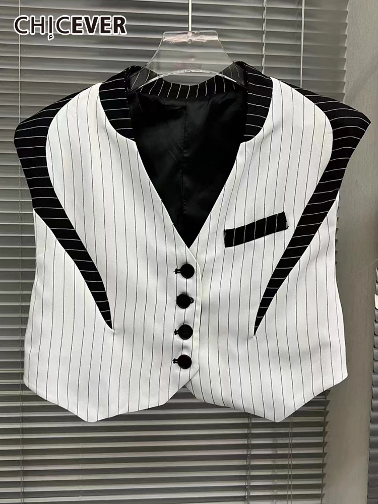

CHICEVER полосатый цветной жилет для женщин с v-образным вырезом без рукавов на пуговицах повседневные Жилеты женские 2022 летняя модная Корейска...
