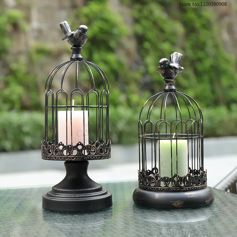 Wrought Iron Candle Holder Vintage Metal Hollow Handmade Hanging Bird Cage Candle Holder Wedding Candlestick Home Decor Floreros