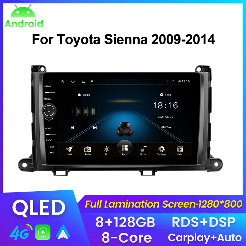 

9inch QLED Screen Carplay+Auto 8+128G Car Radio For Toyota Sienna 2009-2014 Multimedia Player GPS Navigation WIFI 4G LTE RDS DSP