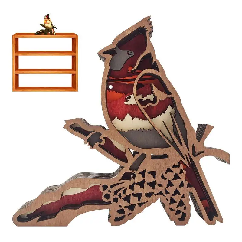 

Wooden Bird Desktop Ornament Wooden Bird Figurines Home Decor 3D Wood Carving Lamp Multi-layer Wooden Decorative Bird Red Bird