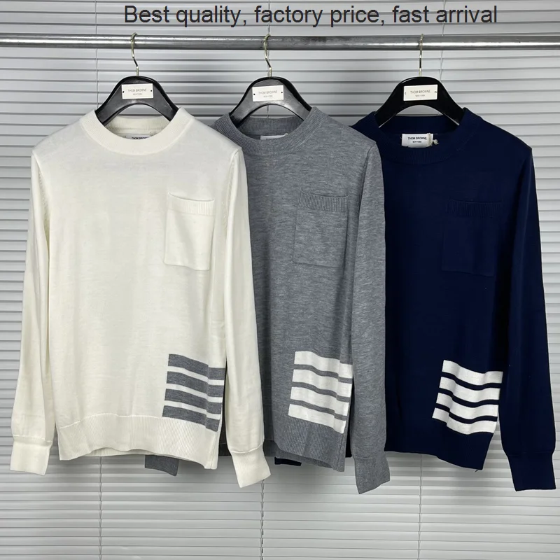 High quality luxury brand 2023 Fashion Brand TB THOM Sweaters Men Slim Fit O-Neck Pullovers Clothing Striped Wool Cotton Thin Sp