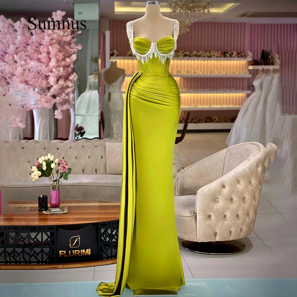 

Sumnus Luxury Beads Arabic Mermaid Evening Dresses Pleats Satin Sweetheart Dubai Event Dress With Train Floor Length Formal Gown