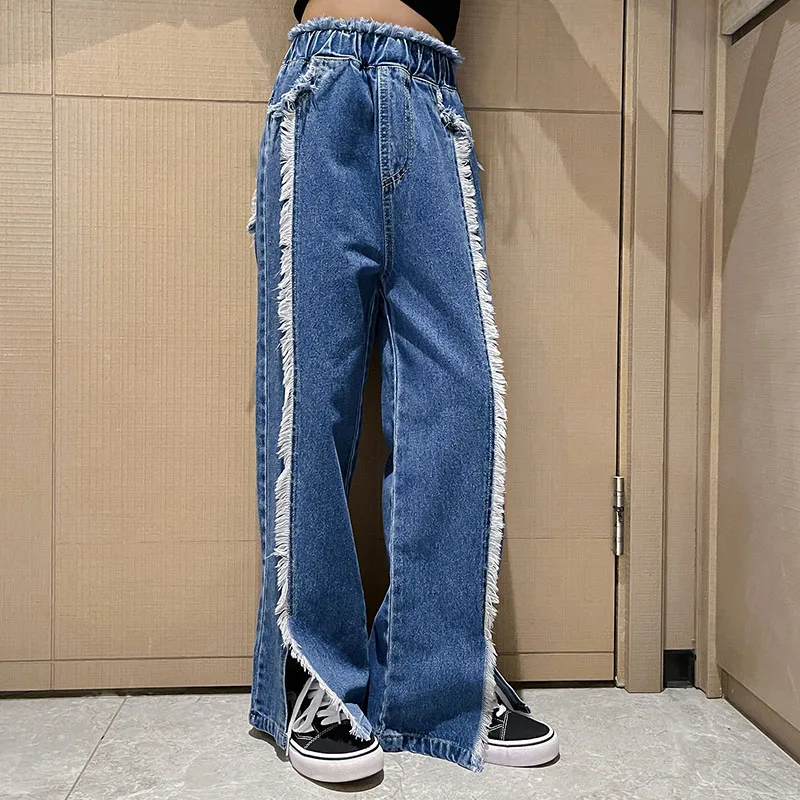 

Girls Jeans Denim Elastic Waist Raw Trim Hem Split Wide Leg Baggy Straight Pants Kids Casual Clothes 6 8 10 12 14 Years Trousers