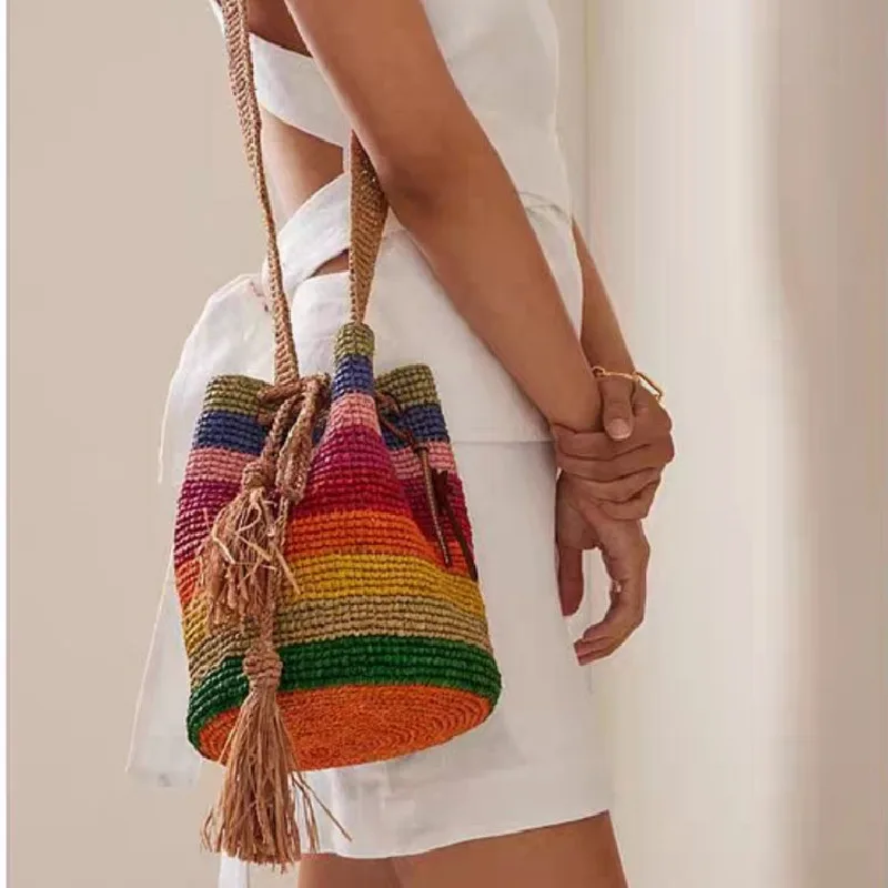 

NEW Drawstring RAFFIA Woven Shoulder Handbag Leisure Vacation Seaside Beach Bag Summer Net Straw Travel Bucket Bag Women Purse