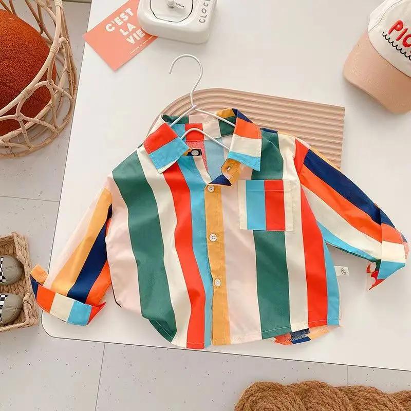 Boys Shirt Stripe Autumn New Korean Edition Boys Rainbow Top Handsome Long Sleeve Shirt for Small and Medium Sized Children