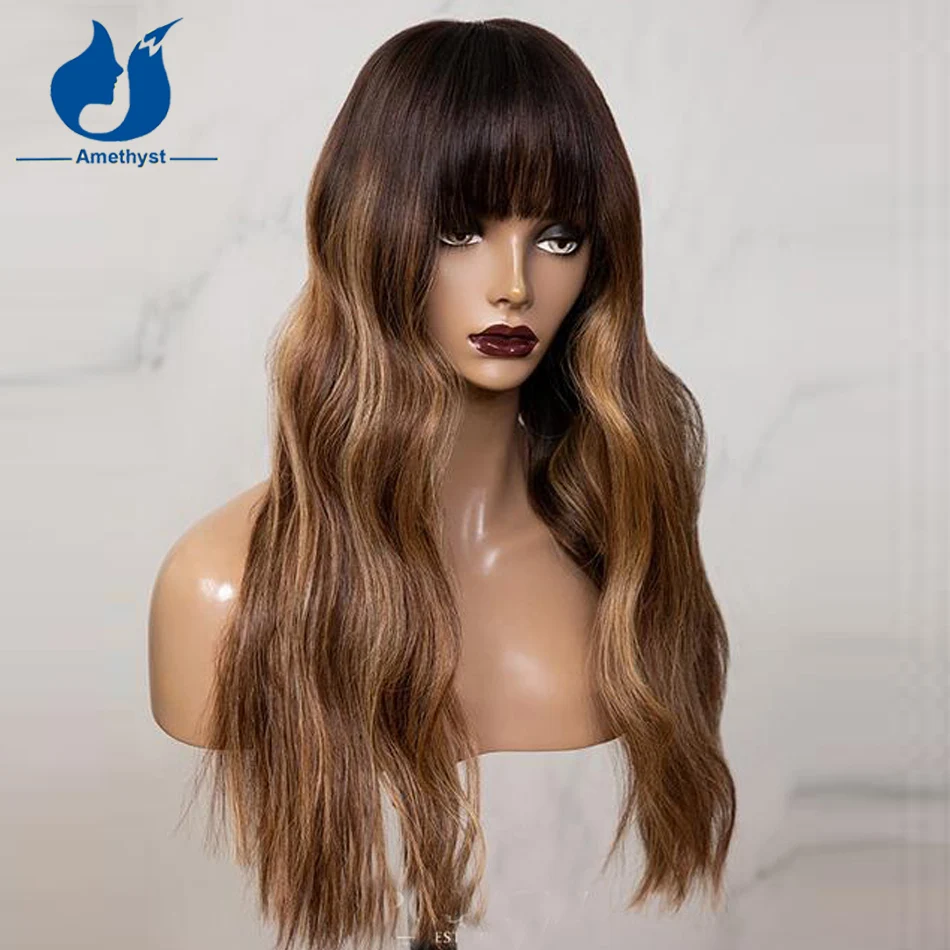 Amethyst Long Blunt Cut Bangs Wavy Brown with Caramel Blonde Balayage Human Hair Wig With Bangs Highlight Full Machine Made