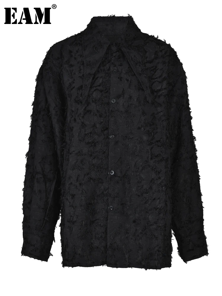 

[EAM] Женская Черная жаккардовая блузка с кисточками большого размера, новая свободная рубашка с отворотом и длинным рукавом, модная весенне-осенняя 2023 1DF7788