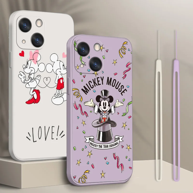 

Disney Mickey Minnie Phone Case For Apple iPhone 14 13 12 mini 11 Pro Max 8 7 Plus XR XS X Liquid Rope Funda Cover
