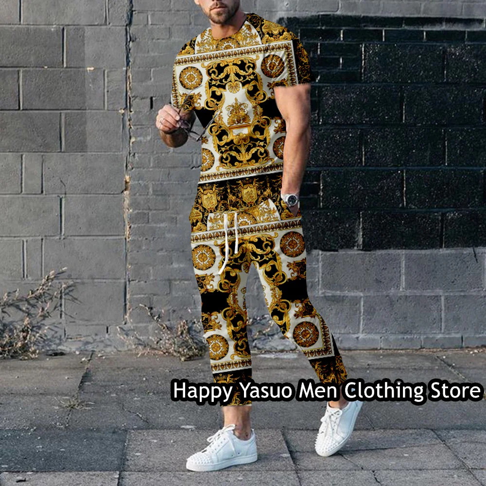 Summer Men‘s T Shirt Trousers Set Luxury Gold Print Male Clothes Outfit Fashion Tracksuit 2 Piece Suit Casual Jogging Sportswear