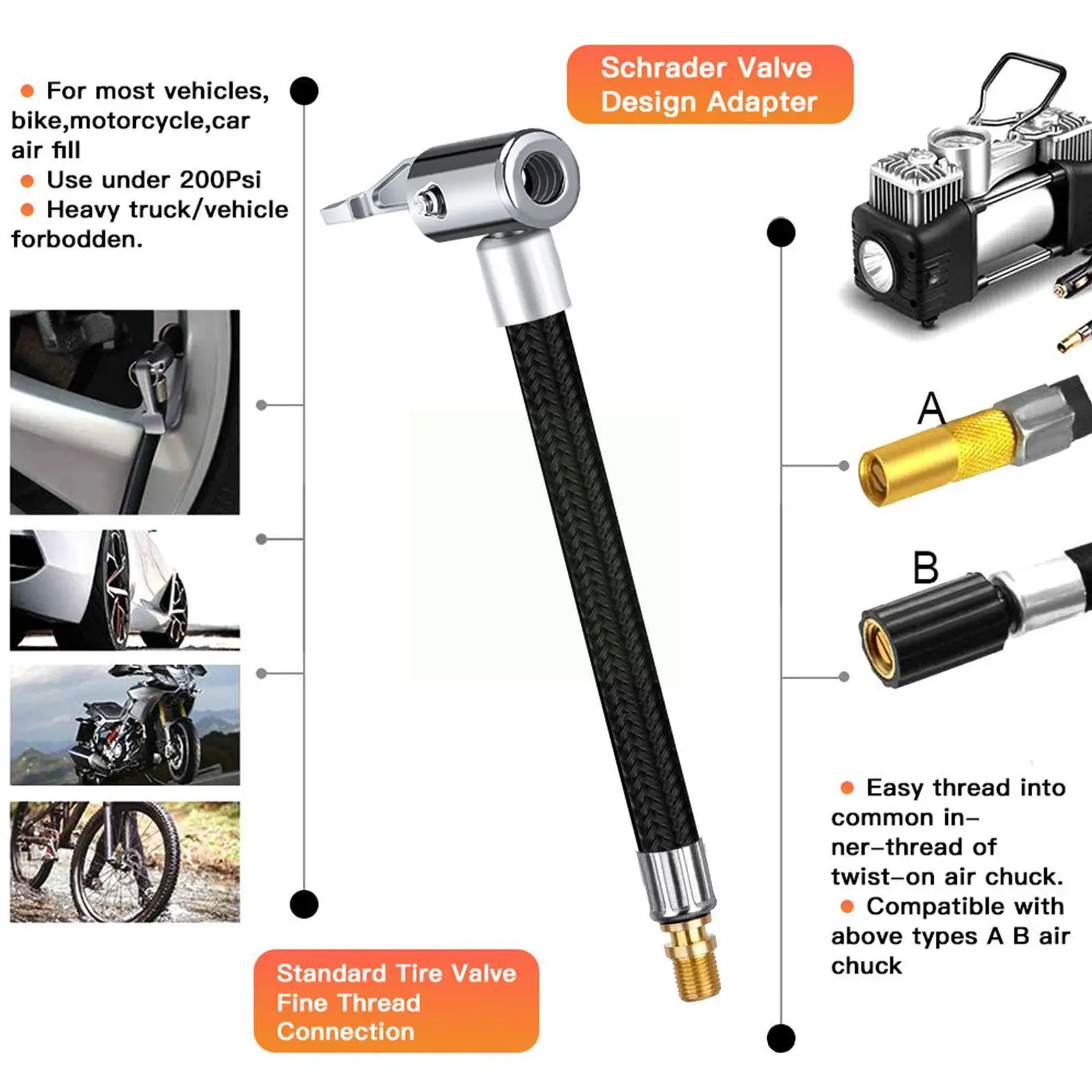 

Car Tire Inflator Hose Inflatable Air Pump Extension Tube Adapter Twist Tyre Connection Locking Air Chuck for Bike Moto A8Q6