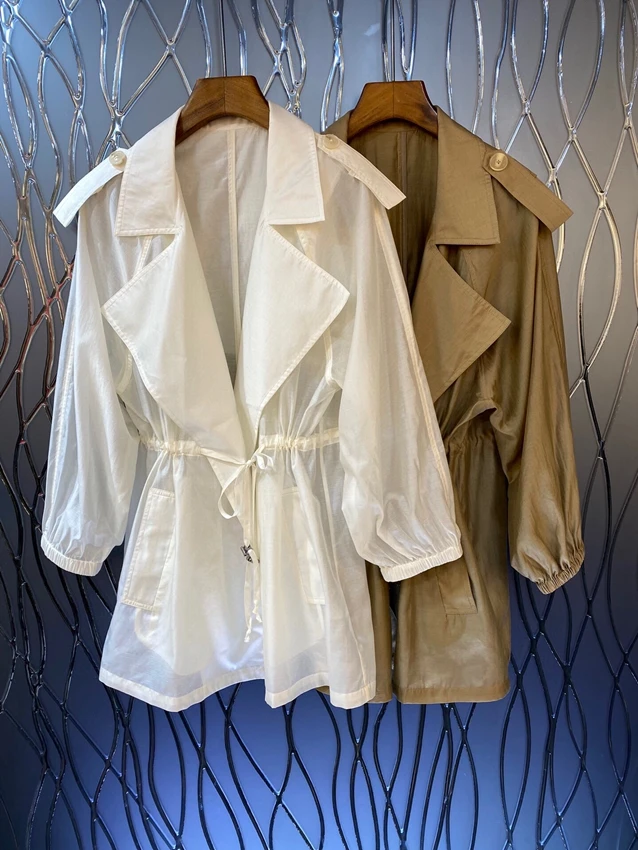 

2023 new women fashion high quality long sleeve lapel see-through waist drawstring medium and long trench coat 0223
