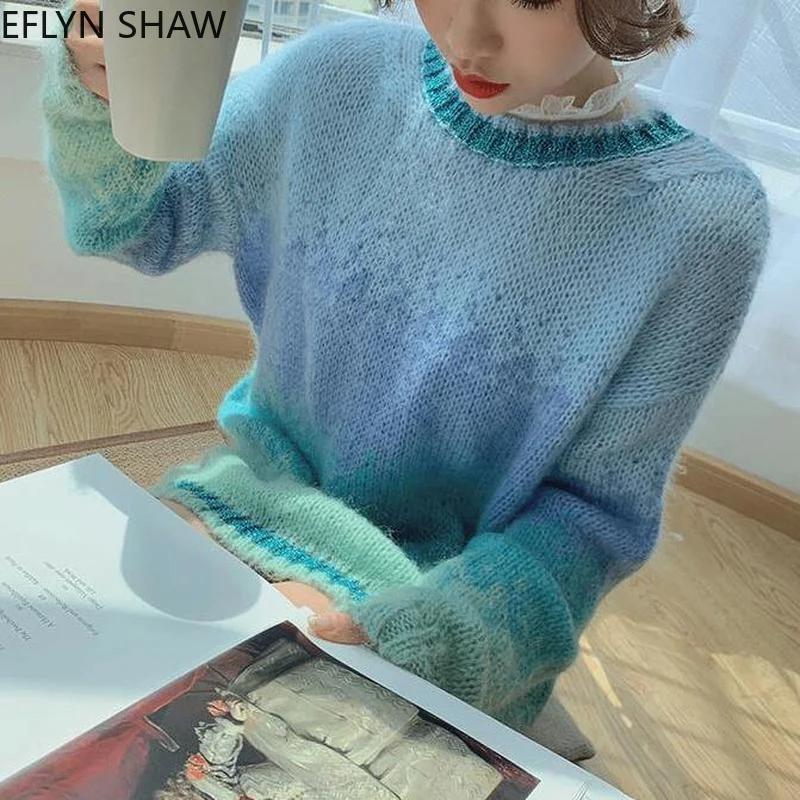 

Sweet Color Sweaters Women 2022 Spring Autumn Lazy Fairy Soft Milk Blue Gradient Knitted Pullovers Mohair Woollen Fuzzy Jumpers