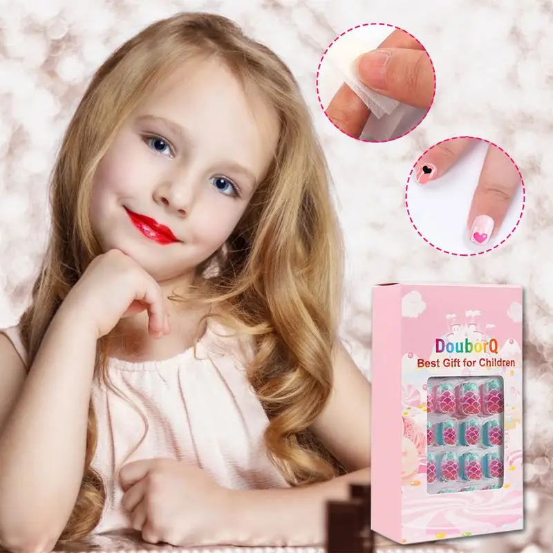 

Kids Candy Fake Nails 120PCS Pre-glue Full Cover False Nail Kits For Girls Children Cartoon Manicure Decor