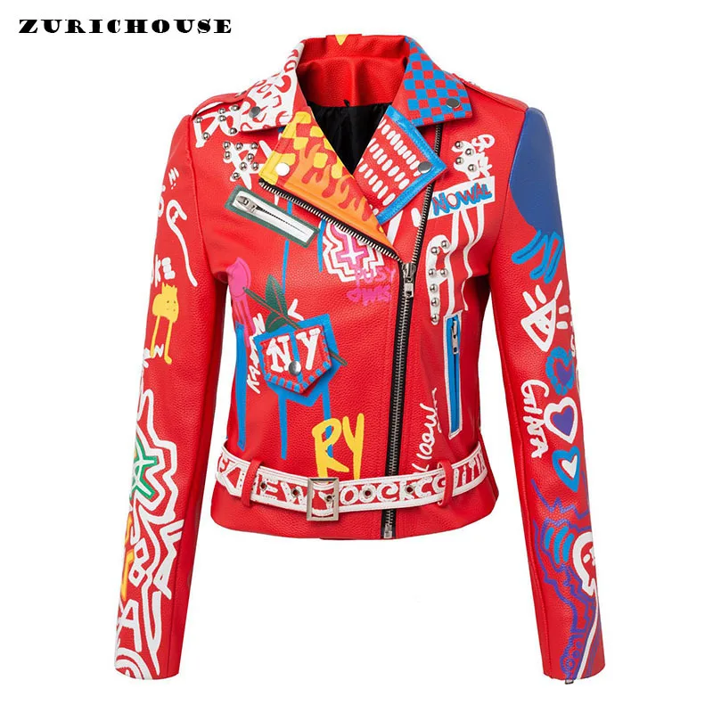 

ZURICHOUSE Fashion Graffiti Print Red PU Leather Jacket Women Lapel Slim Short Streetwear Punk Rivet Locomotive Coat Mujer