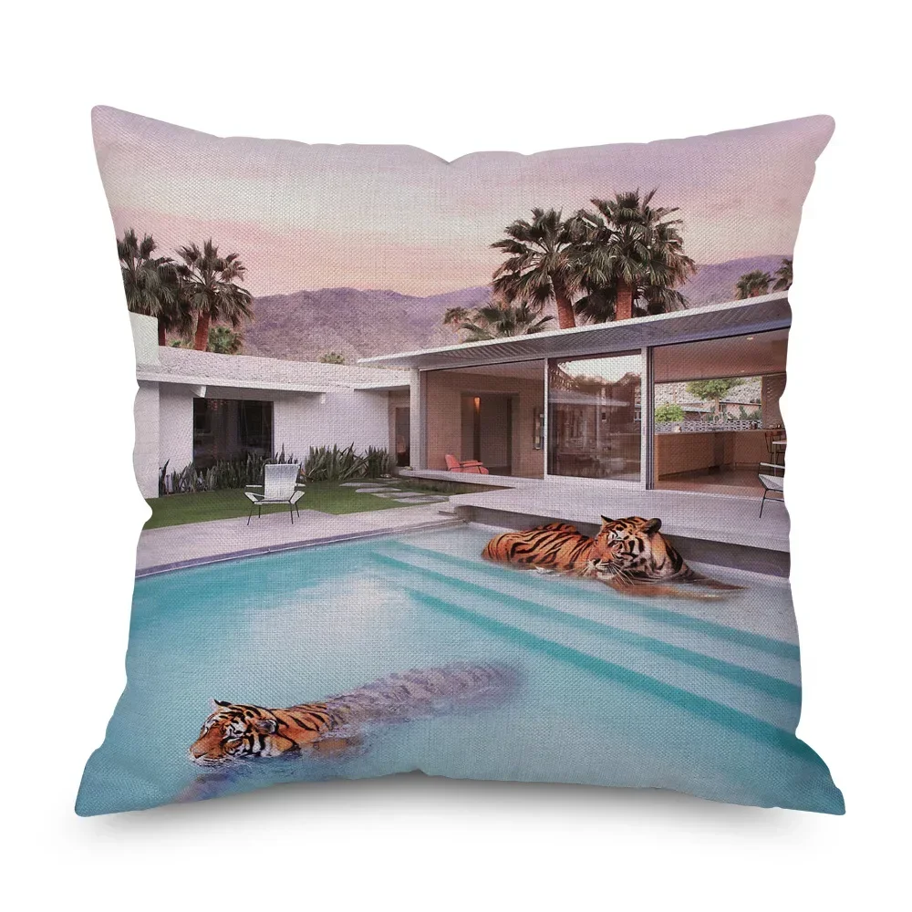 

Чехол для подушки с изображением животных, фламинго, тропической масляной живописи, кокосовое дерево, декоративная подушка