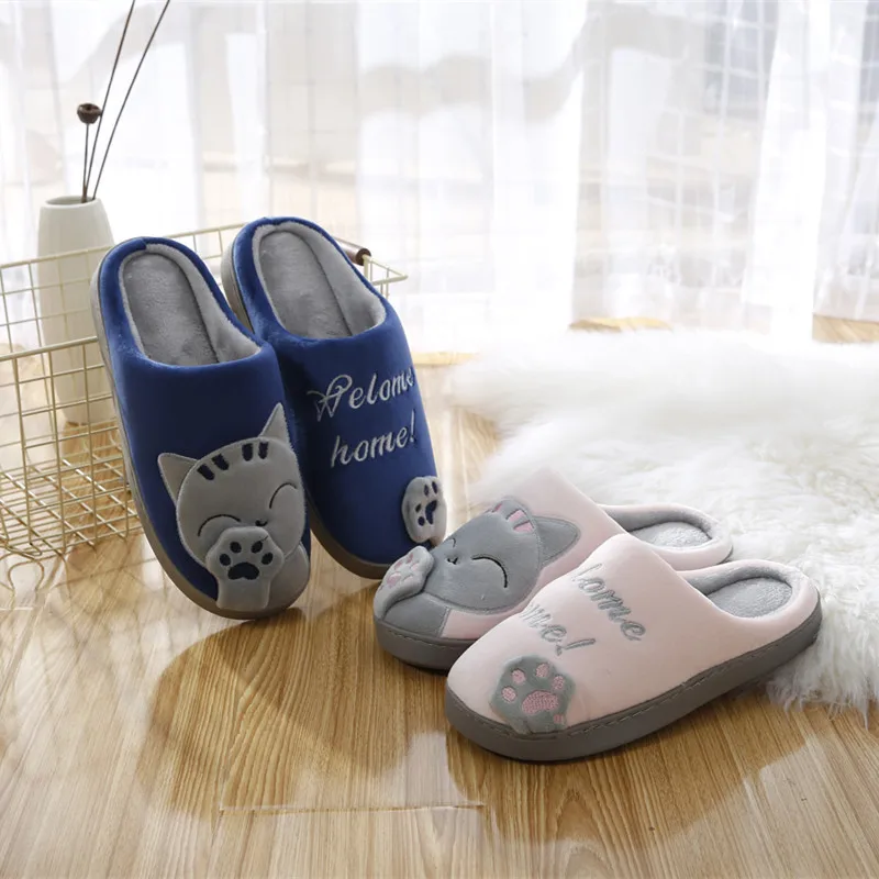Women Winter Home Slippers Unisex Cartoon Cat Shoes Non-slip Soft Winter Warm House Slippers Indoor Bedroom Couples Floor Shoes