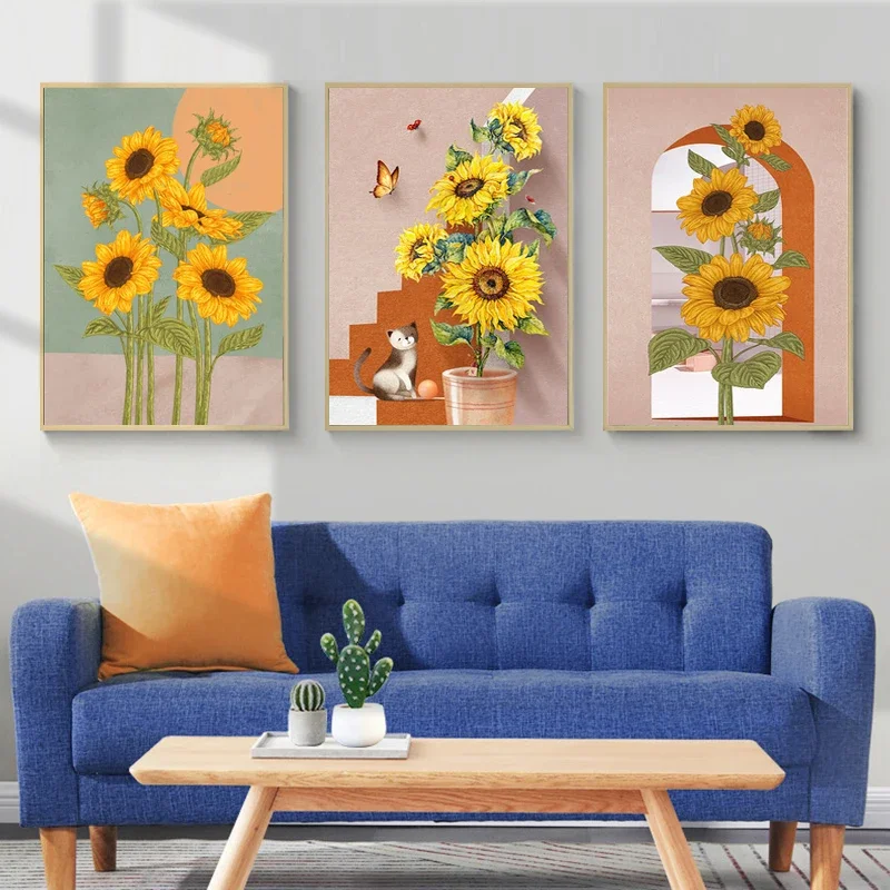 Плакат с подсолнухами и бабочками на холсте