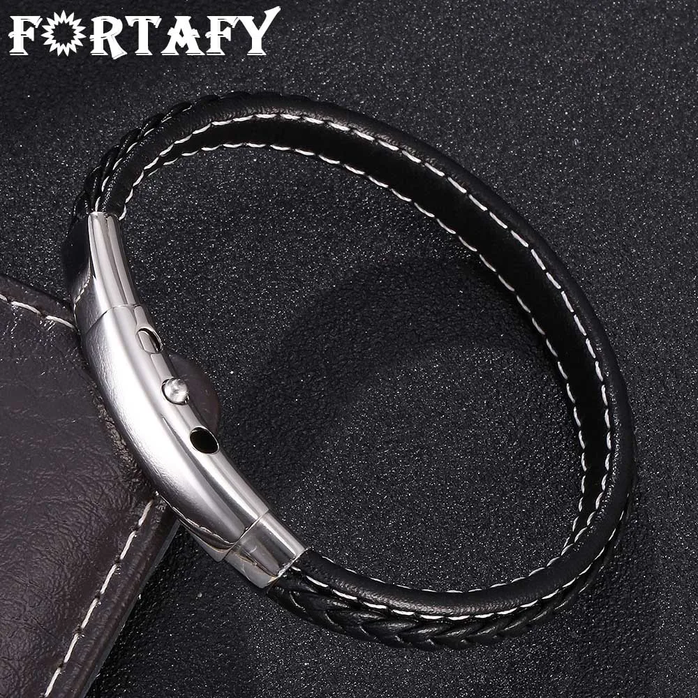 

FORTAFY Men Punk Jewelry Black Blue Handmade Leather Bracelet Male Unique Stainless Steel Clasp Adjustable Leather Bangle FR0393