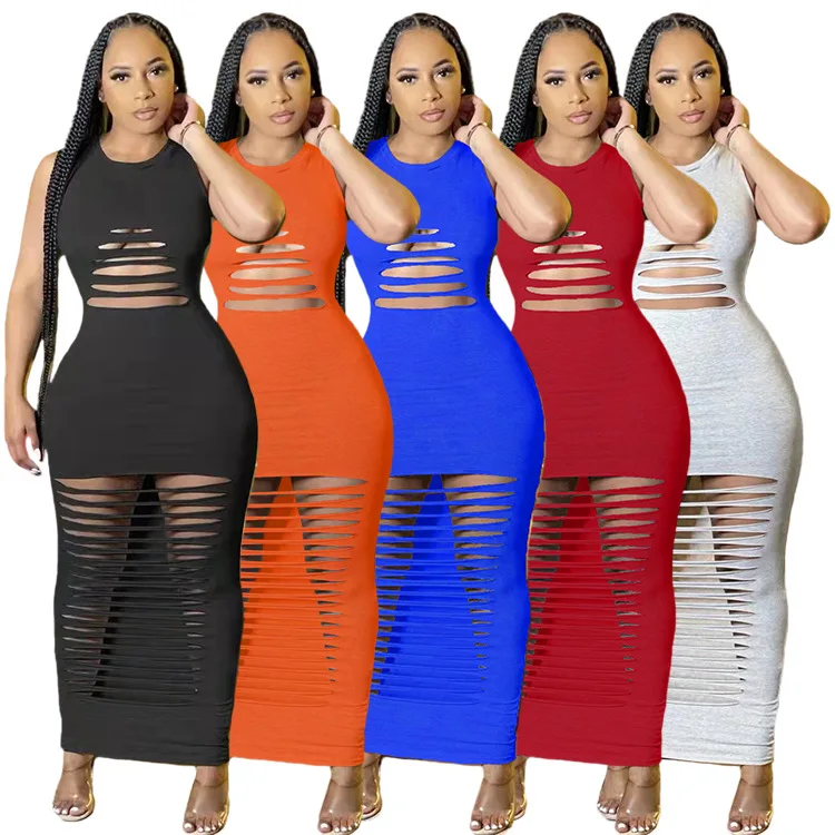 

Fashion Women Casual Solid Color Holes Sexy Dress New Sleeveless Personality Maxi Dresses for Women Summer Dress Women 2022