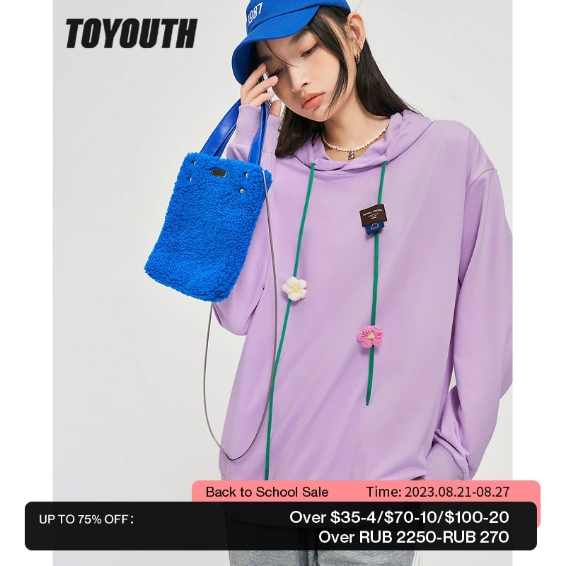

Toyouth Women Sweatshirts with Hat 2022 Autumn Long Sleeve O Neck Loose Hoodies Green Purple Flowers Brooch Chic Casual Streetwe