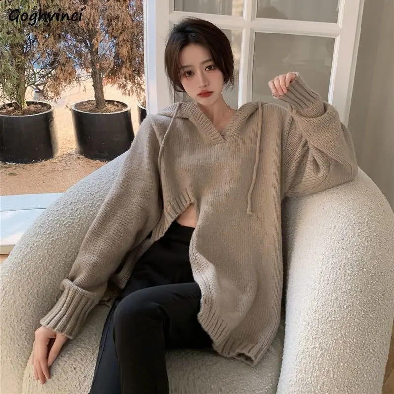 

Hooded Sweaters Women Long Style Loose Leisure Side-slit Designed Solid All-match Vintage Autumn Hotsweet Knitwear Ins Fashion