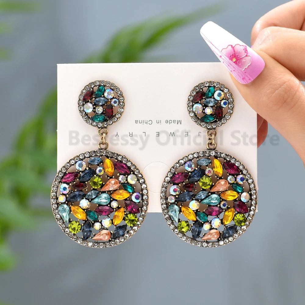 

Vintage Oval Round Dangle Earrings For Women Unusual Colorful Crystal Statement Big Pendientes Fashion Party Prom Luxury Jewelry