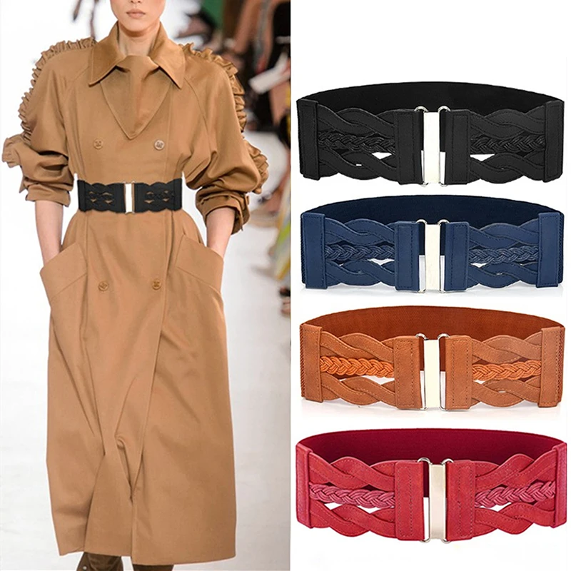 

Vintage Woven Wide Waist Belts For Women Shirt Dress Waistband Elastic Buckle Female Belt Girdle Cinturones Para Mujer Ceinture