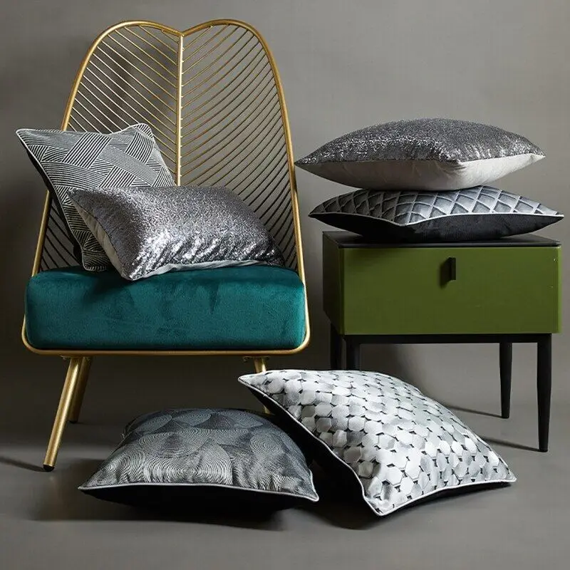 

High Density Polyester Silk Shining Gray Silver Pilows Case Luxury Sequins Geometric White Edging Cushions Case Sofa Home Decor