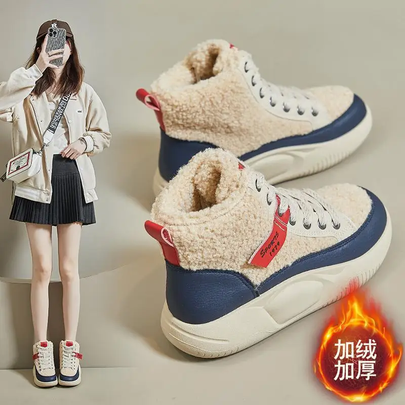 

Girls' Big Cotton Shoes Winter Fleece-lined Thickened High-Top Warm Sports Dad Shoes Girls' Casual Snow Boots;