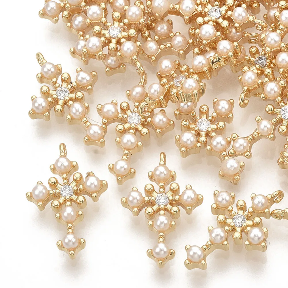 

2PC Brass Micro Pave Cubic Zirconia Pendant with Imitation Pearl Acrylic Beads Real 18K Gold Plated Cross 15.5x10x3mm Hole:0.8mm