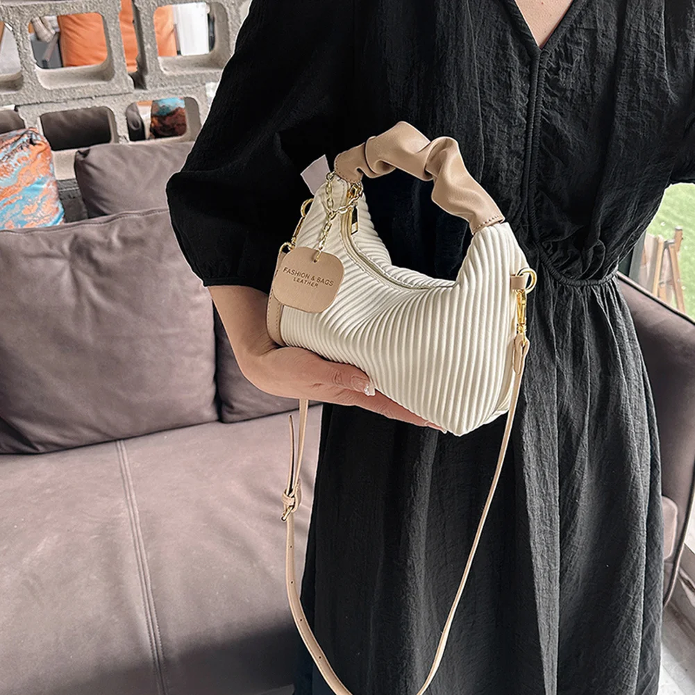 

PU Leather Pleated Crossbody Bags Vertical Stripes Women Top-handle Bag Solid Color Cloud Bags Elegant Temperament Girls Tote